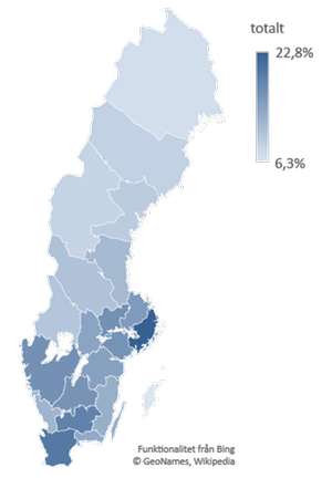 Karta . Andel (%) utomnordiskt födda efter län och riket 2018