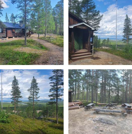 Bild med fyra bilder i. Två som visar en stuga, en som visar utsikt över skog och en som visar rastplats med grillmöjligheter.