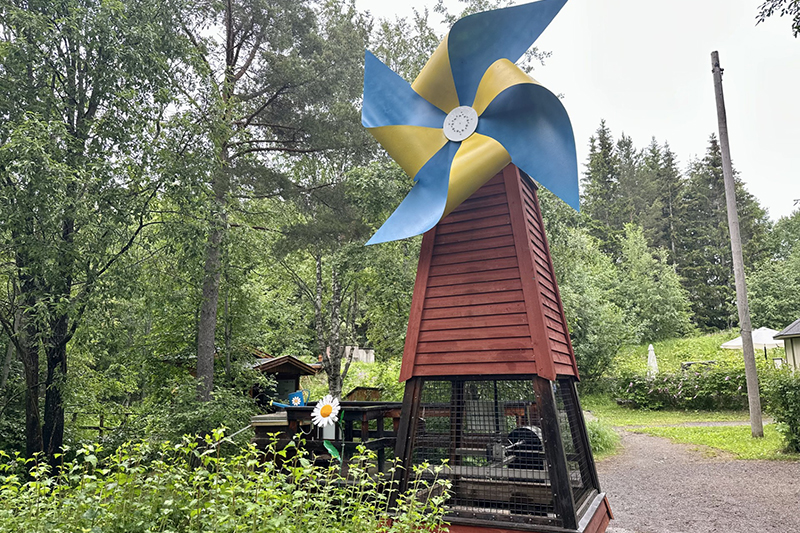 Vattentorn i trä med stor blågul propeller