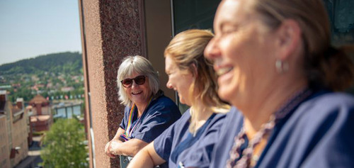 Kollegor på avdelning Medicin tar en rast i sommarsolen. I fjärran syns Frösön.