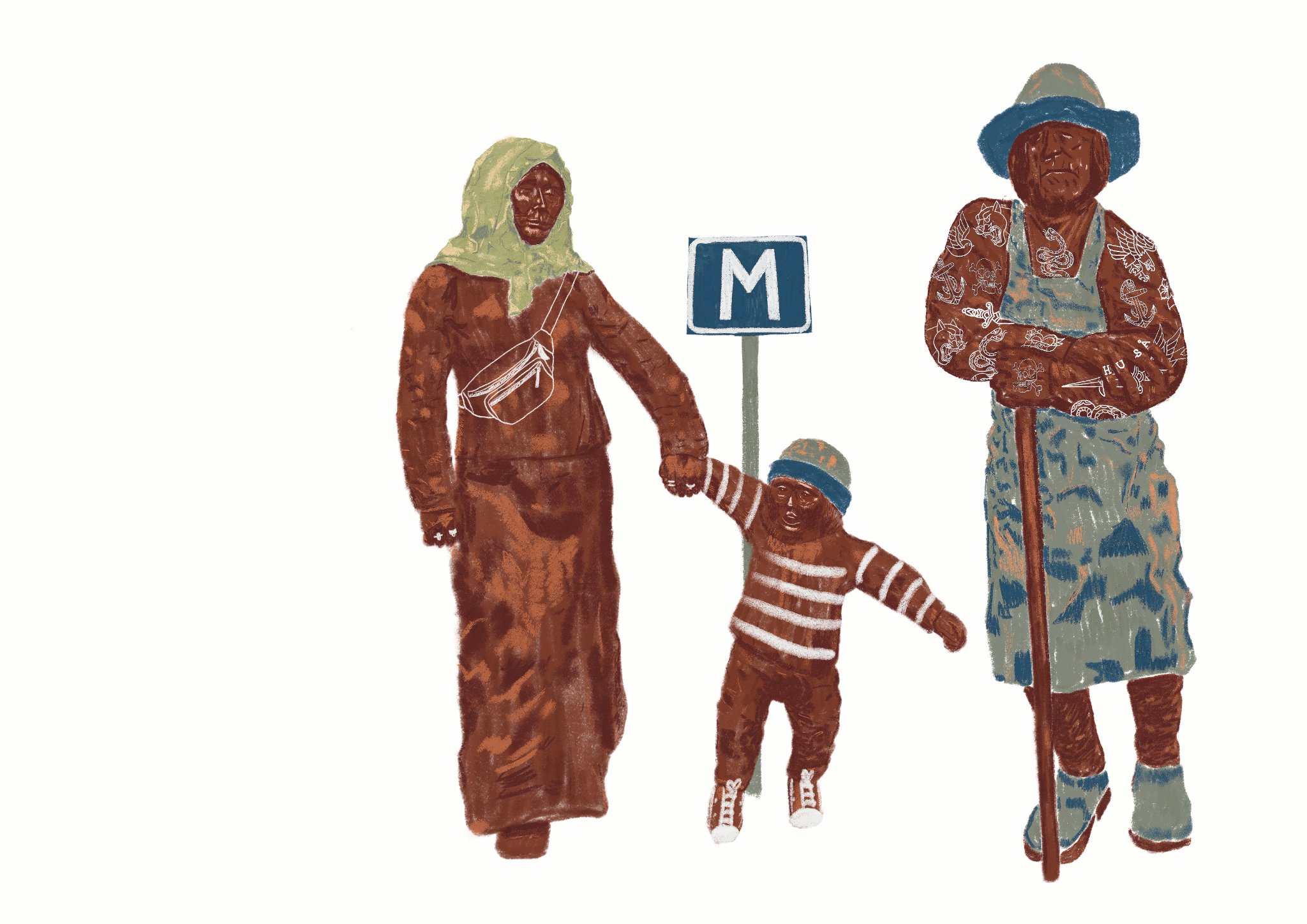 Illustration av en familj som är ute och går.