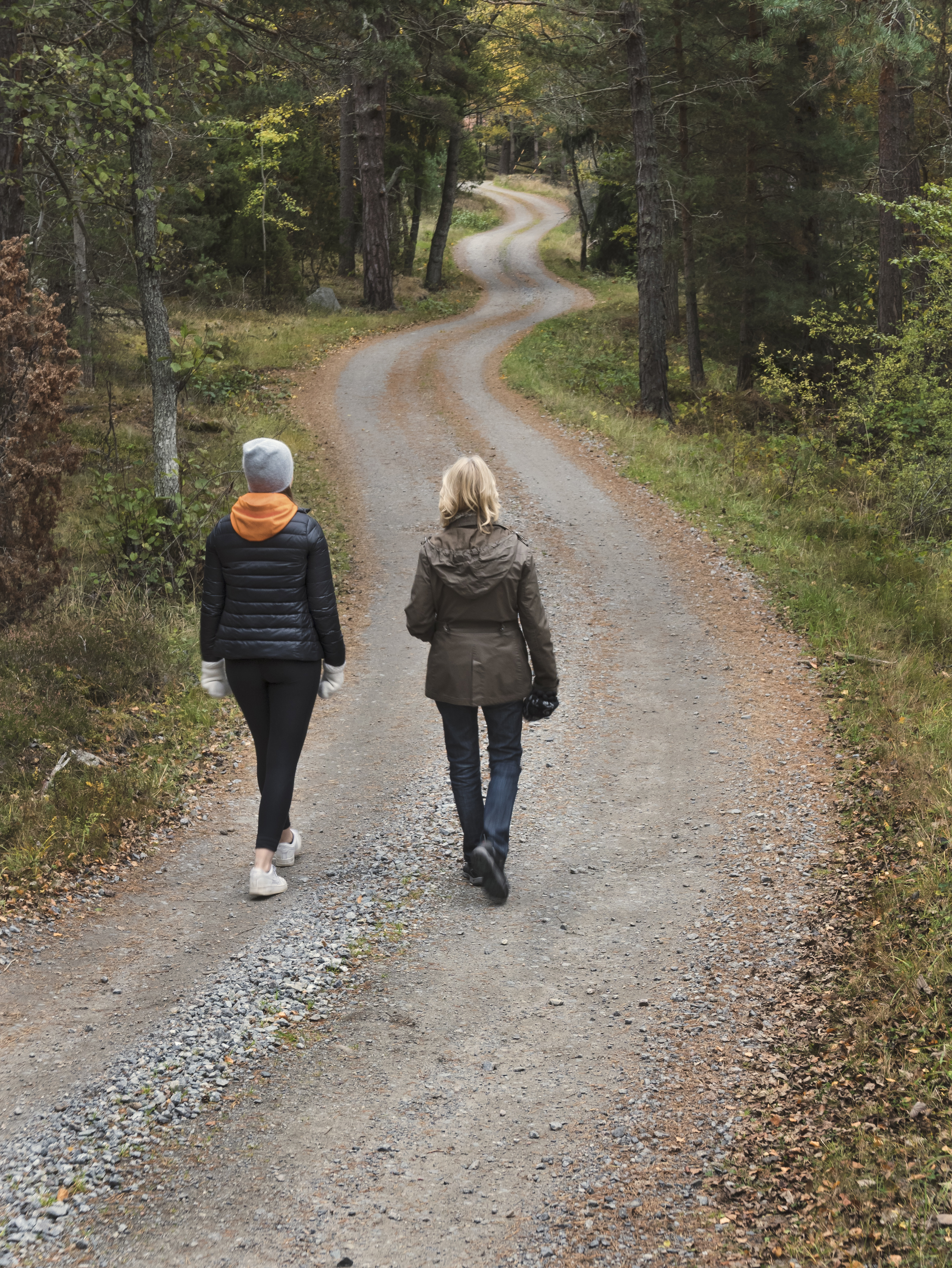 Två kvinnor på promenad på en skogsväg.