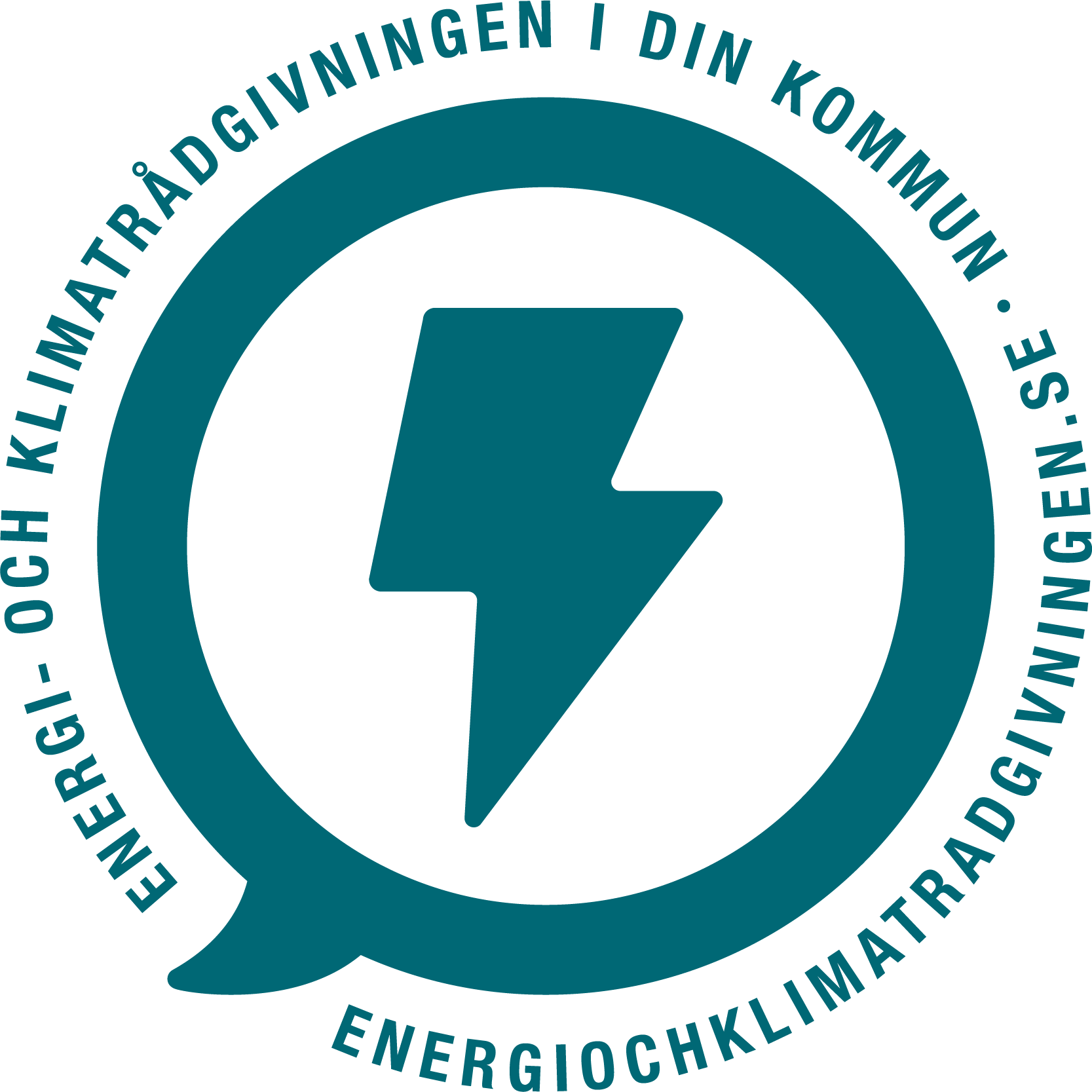 Bilden visat energi och klimatrådgivningens stämpel, en blixt inuti en cirkel. Runt cirkeln går det att läsa adressen till den nationella webbsidan för energi och klimatrådgivningen: "energiochklimatradgivningen.se"