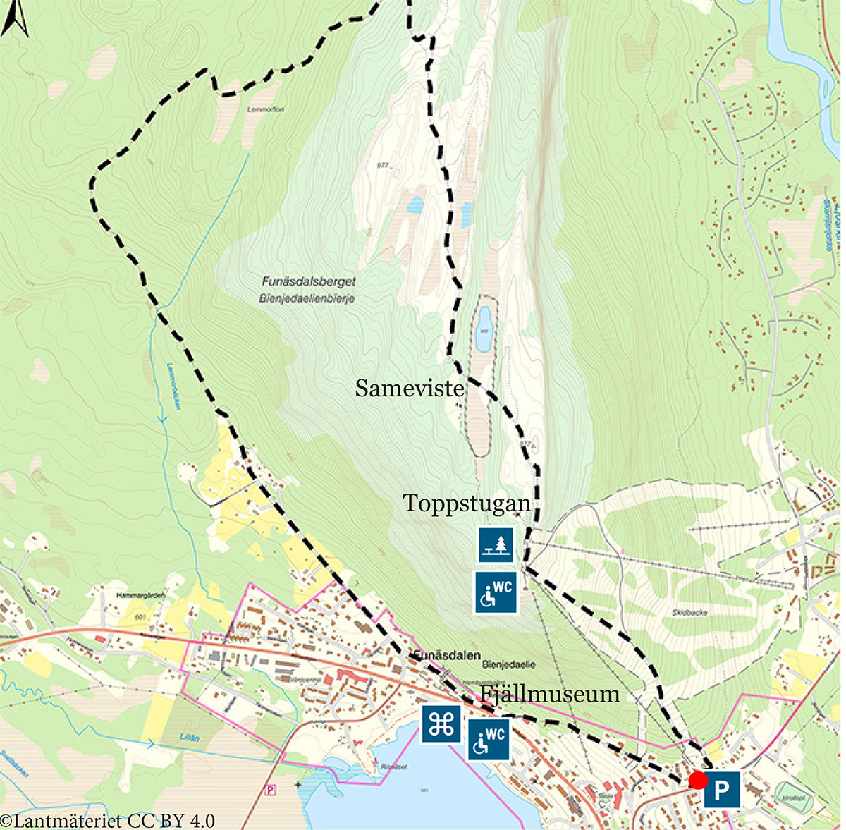Karta över Funäsdalen med leden Funäsdalsberget utritad.