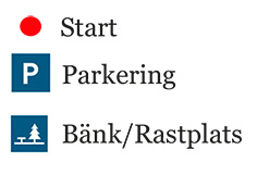 Bilden visar kartans piktogram med beskrivning. Röd prick – Start.P - Parkering. Bänk och ett träd - Bänk/rastplats.
