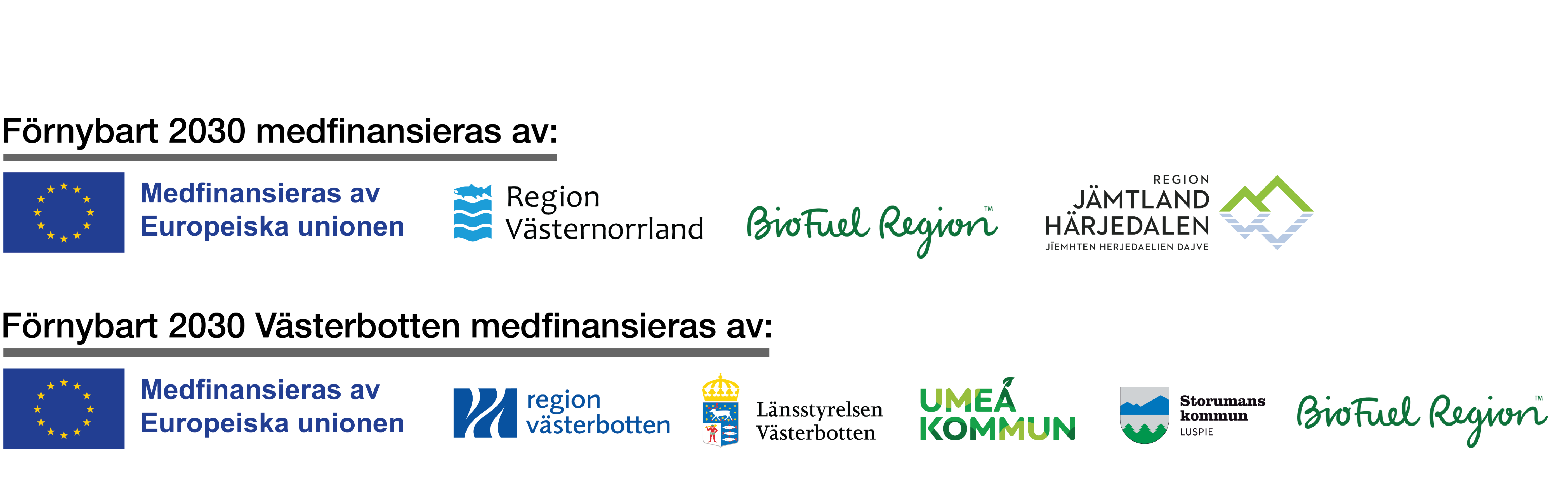 Förnybart 2030 drivs av Energikontoret Region Jämtland Härjedalen, BioFuel Region och Energikontoret Västernorrland. Det finansieras av EU:s regionalfond, Region Jämtland Härjedalen, Region Västernorrland och BioFuel Region.Förnybart 2030 Västerbotten drivs av BioFuel Region, Umeå kommun och Storuman kommun. Projektet finansieras av dessa tre parter tillsammans med EU:s regionalfond.