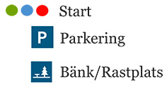 Bilden visar kartans piktogram med beskrivning. Röd prick - Start. Blå prick – Start. Grön prick – Start. P - Parkering. Bänk och ett träd - Bänk/rastplats.