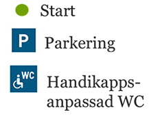 Bilden visar kartans piktogram med beskrivning. Grön prick – Start. P - Parkering. Person i rullstol och WC – Handikappstoalett.