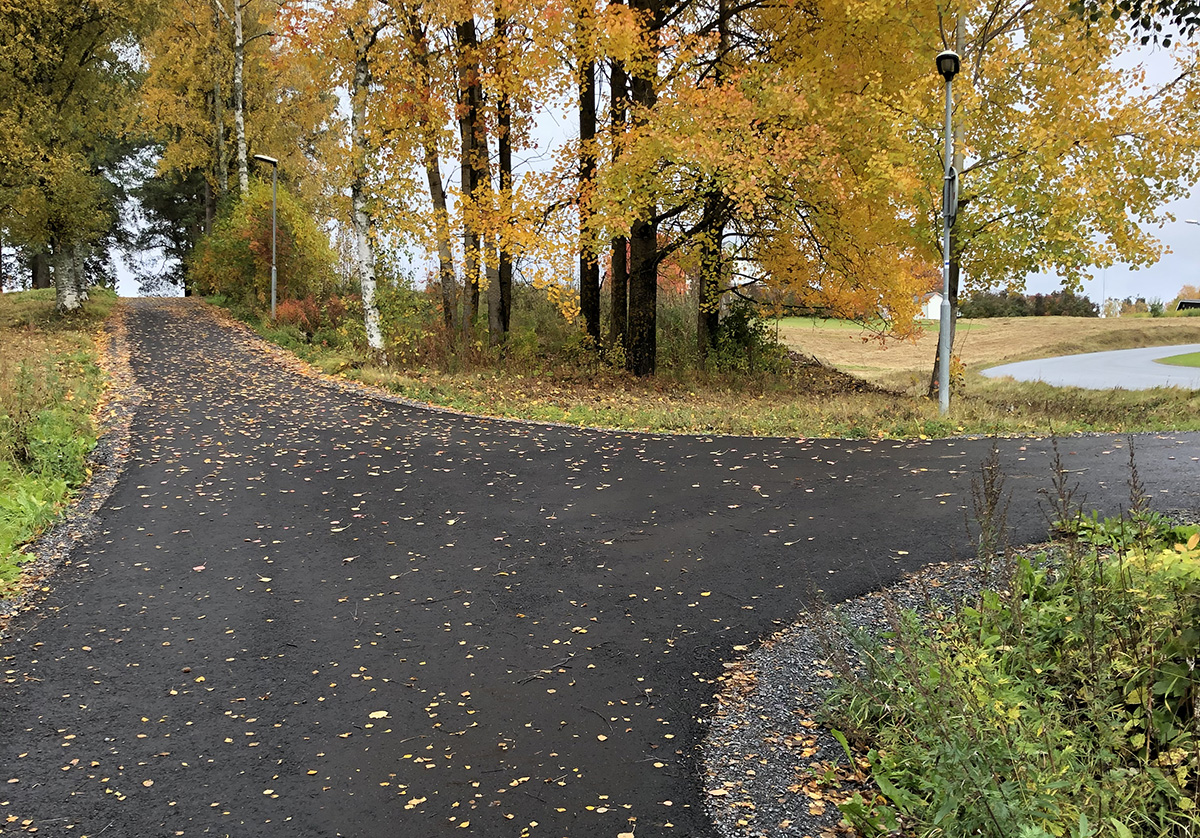 Visar en asfalterad av en cykel och vandringskorsning. 