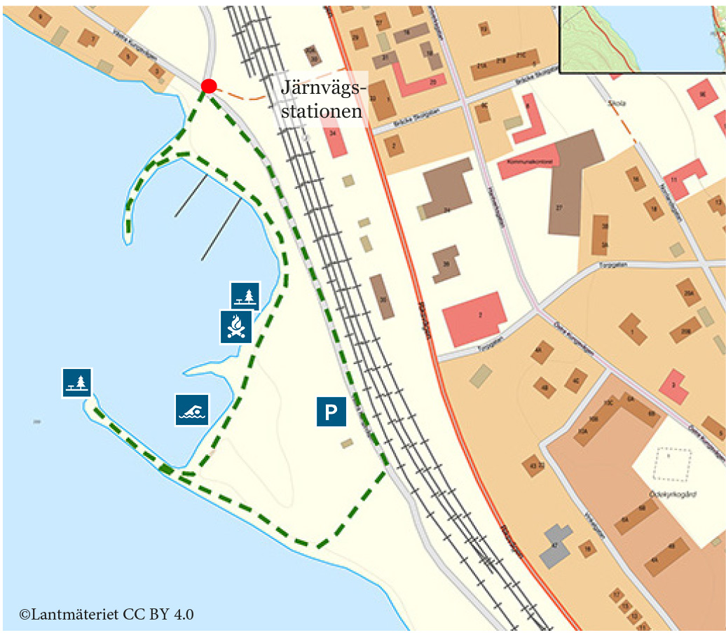 Karta över Bräcke med strandslingan utmärkt.