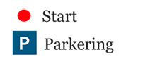 Bilden visar kartans piktogram med beskrivning. Röd prick - Start. P - Parkering. 