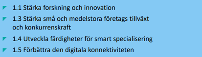 1.1 Stärka forskning och innovation. - 1.3 Stärka små och medelstora företags tillväxt och konkurrenskraft. - 1.4 Utveckla färdigheter för smart specialisering. - 1.5 Förbättra den digitala konnektiviteten.