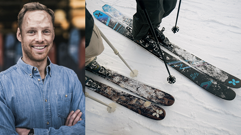 Porträtt på företagaren Carl Geijer, i kollage med en bild på skidor från Extrem och Åre skidfabrik.