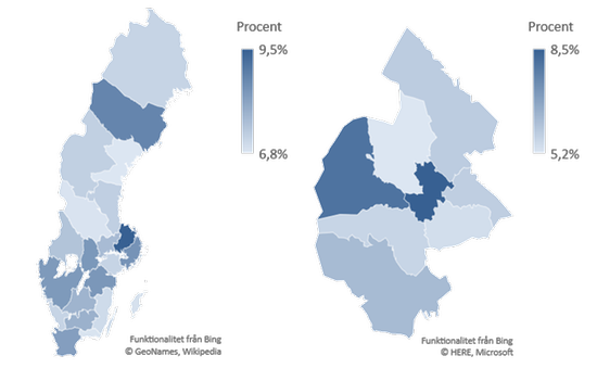Kartor. Andel kvinnor 18 – 30 år av totalbefolkningen per län och kommunerna i Jämtlands län 2018