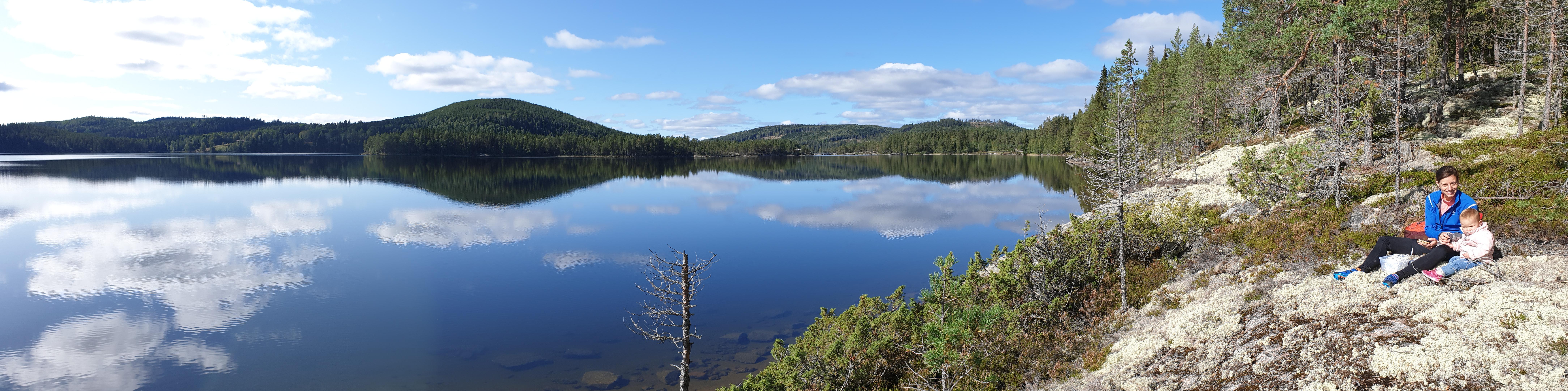 Två vuxna i skogen varav en bär ett barn i en ryggsäck på ryggen