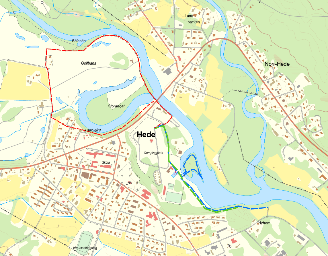 Kartbild över Hede med tre olika promenadstråk utritade.