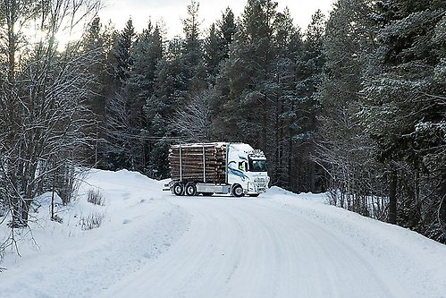 Elektrisk timmerbil på vinterväglag