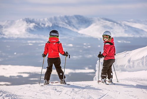 Bild på två barn i slalombacken