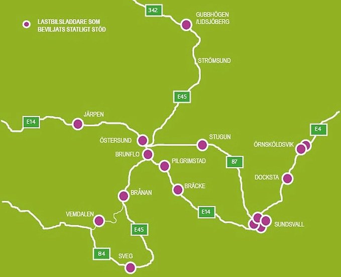 Karta över de laddstationer som finns utspridda i Jämtland Härjedalen och mellersta norrland.