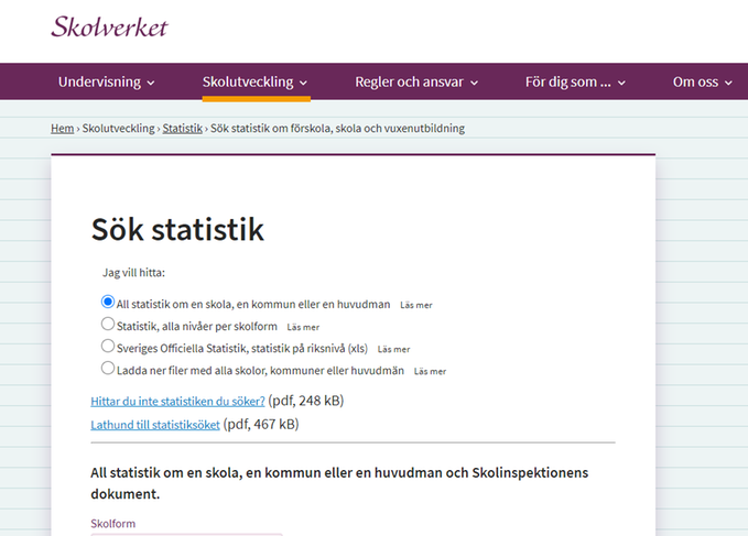 Bild Skolverkets hemsida om statistik