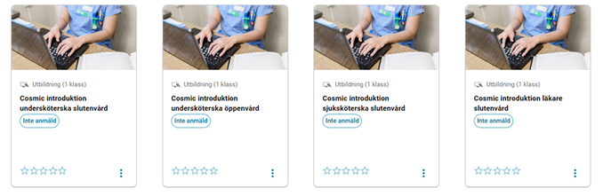 Skärmklipp som visar de olika Cosmic-kurserna Cosmic introduktion usk:a slutenvård, Cosmic introduktion usk:a öppenvård, Cosmic introduktion ssk:a slutenvård, Cosmic introduktion läkare slutenvård,
